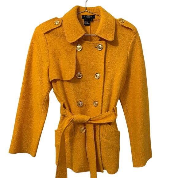 Sandro Egg Yolk Yellow Boiled Wool Belted Peacoat Gold Buttons M - Picture 1 of 6